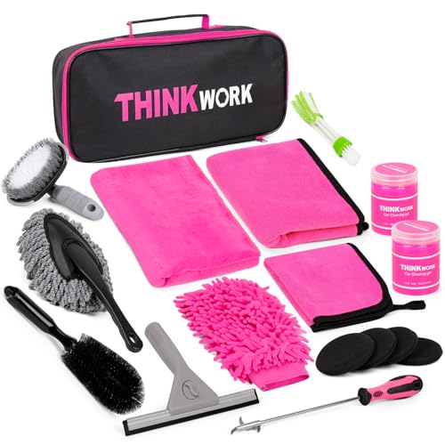 THINKWORK Car Detailing Kit, Interior Exterior Cleaning Set for Vehicles | Soft Microfiber, Lint-Free, Scratch-Proof, 17 Pcs Complete Set, Pink Styling, Perfect Women Gift, Portable Bag - color: Pink