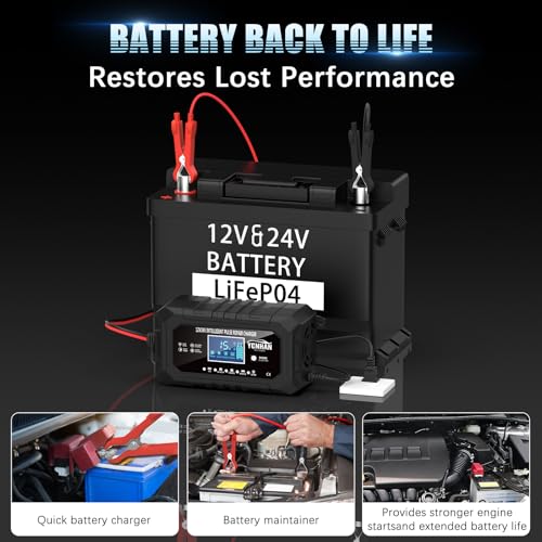 YONHAN 15-Amp 12V 24V Battery Charger LiFePO4 Trickle Charger | Car Battery Charger Fully-Automatic Smart Lead Acid Portable 9-Stage Smart Battery Maintainer with Temp Compensation