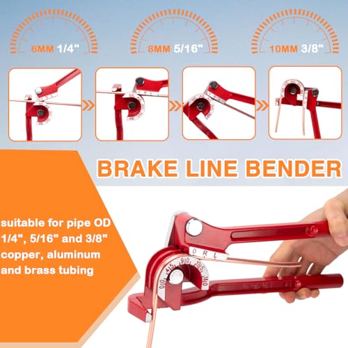 3/16" Brake Line Repair Kit - Double & Single Brake Line Flaring Tool Kit 1/4" 5/16" (with Tube Cutter & 5 Adapters) + 25Ft Copper Coated Brake Line (with 4 Unions & 16 Fittings) + Brake Line Bender