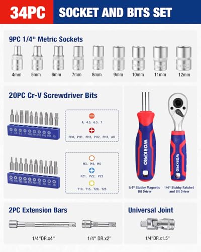 WORKPRO 34 PCS 1/4" Drive Mini Socket Ratchet Wrench Set, Socket & Bit Head | Magnetic Driver, Metric Sockets 4-12mm, Extension Bars & Universal Joint, Storage Case - style: Dual-Head Ratchet Bit-Rich Set