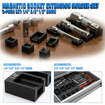 Magnetic Socket Extension Holder Set 3-Piece ratchet organizer for 1/2", 3/8", and 1/4" Drive Extensions, Professional Garage Drawer Storage with Strong Magnetic Base, Red (Black) - color: Black