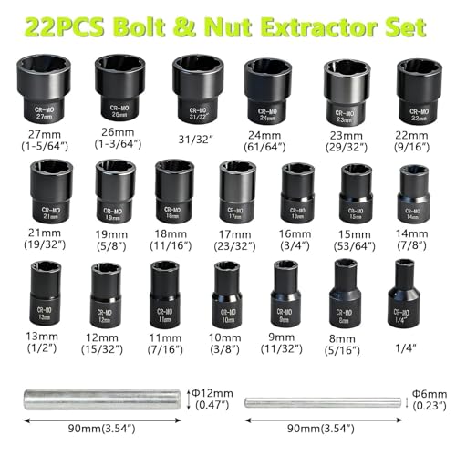 22Pcs Bolt Nut Extractor Kit, 1/2" & 3/8" Drive Extractor Socket Set, Impact Lug Nut Remover Tool Wheel Lock Removal Kit for Stripped Damaged Frozen Nuts and Screws with Storage Case