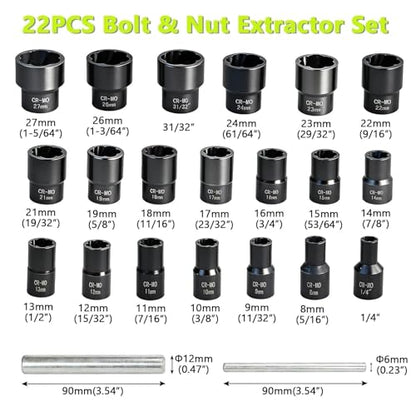 22Pcs Bolt Nut Extractor Kit, 1/2" & 3/8" Drive Extractor Socket Set, Impact Lug Nut Remover Tool Wheel Lock Removal Kit for Stripped Damaged Frozen Nuts and Screws with Storage Case