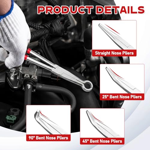 11 Inch 5Pcs Extra Long Needle Nose Pliers Set to Precision Work | Straight and 25°/45°/90°Bent, Circle Nose, Multi-Angle Tips for Tight Access, Long Nose Pliers for Narrow Spaces