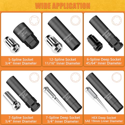 8Pcs Wheel Lock Removal Kit, Locking Lug Nut Master Key Set for Easily Removing Spline and Hex Style Aftermarket Wheel Lug Nuts, 5, 6, 7, 12 Spline and Spike Lug Nut Socket Key