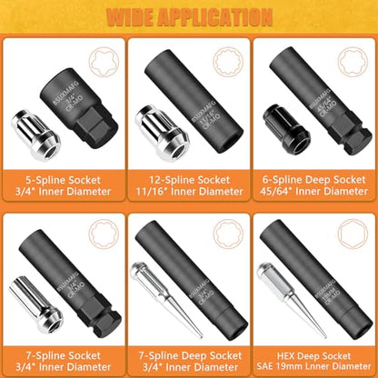 8Pcs Wheel Lock Removal Kit, Locking Lug Nut Master Key Set for Easily Removing Spline and Hex Style Aftermarket Wheel Lug Nuts, 5, 6, 7, 12 Spline and Spike Lug Nut Socket Key