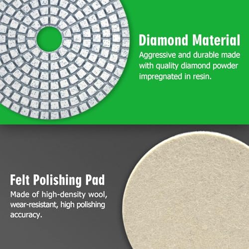 4 Inch Diamond Polishing Pads with 5/8’’-11 Backer Pad, 12PCS Wet/Dry Granite Stone Polish Pad Kit for Drill, Grinder, Polisher, 50-6000 Grit Polishing Pad for Concrete Marble Rock Countertop Quartz - size: 4 Inch 50-6000 Grit