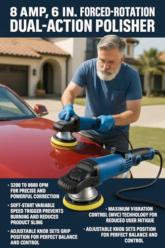 NEW! 8 Amp 6 in. Forced-Rotation Dual-Action Polisher Kit with Compounding & Polishing Foam Pads, 3200–9600 OPM, Soft-Start, MVC Anti-Vibration, 25 ft Cord – Compatible with HERCULES Polishing Systems