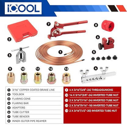 ICOOL 25 ft 3/16" Copper-Plated Brake Line Flaring Tool Kit with 20 Fittings and 4 Unions Brake Line Fittings, Brake Line Kit with Tube Bender and Reamer