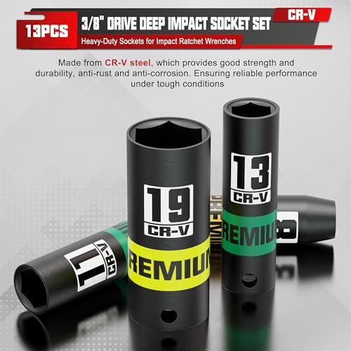 13-Piece 3/8" Drive Deep Impact Socket Set, 7-19mm, CR-V, 6 Point, Heavy-Duty Sockets for Impact Wrenches, Automotive and Home - size: 3/8" 13pcs Metric Deep