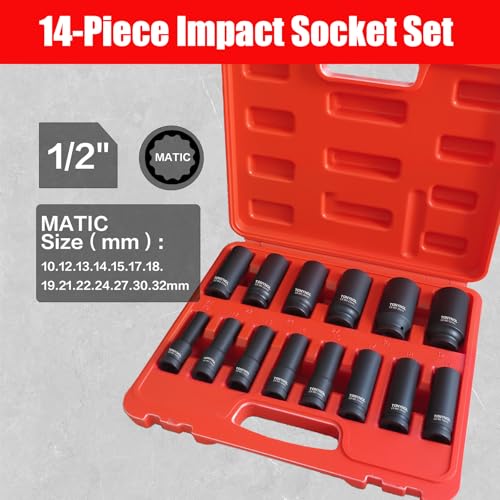 TONYNOL 1/2 Inch Deep Drive Impact Socket Set,12-Point,Metric (10mm-32mm),14 Pcs,Cr-Mo Steel,With a Storage Case - size: 1/2" 14PC Deep Metric (10-32mm), style: 12-Points