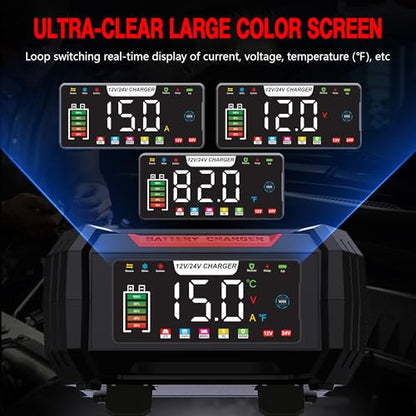 15-Amp Battery Charger, 12V/24V Smart Trickle Charger & Maintainer Red | 9 stage charging, Memory Function, Temperature Compensation, Pulse Repair, for Lead Acid LiFePO4, Various Vehicles Boat