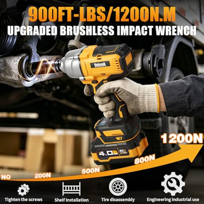 Cordless Impact Wrench, 900Ft-lbs (1200N.m) 1/2" Brushless Impact Gun with 2x 4.0Ah Battery, Fast Charger & 3 Sockets, High Torque Power Impact Driver Ideal for Car, DIY, and Truck RV/Mower (1200N.m)