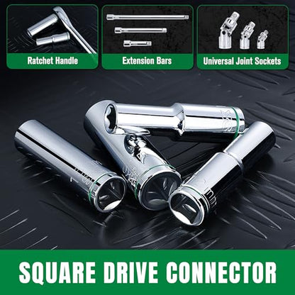 SK 1/2" Drive Socket Set, Deep Metric Sockets, 11-Piece 10-20mm | SuperKrome Finish, Premium CR-V Steel, with Aluminum Socket Organizer - size: Deep, style: Metric