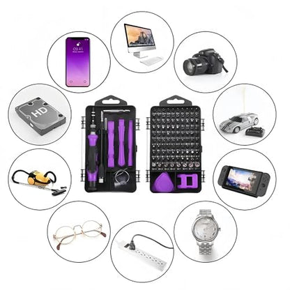 115-in-1 Precision Screwdriver Sets, Professional Repair Tool Kit with Flat Head & Multiple Bits for Electronics, Phone, Watch, Automotive Maintenance - Magnetic, Non-Slip Handle & Tweezers(Purple)