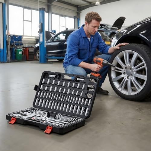 VEVOR Mechanics Tool Set, 159-Piece Mechanic Tool Kit, 1/4 in, 3/8 in, and 1/2 in Drive, SAE and Metric Socket Set, Wrenches, Screwdriver Bits, Accessories, and Storage Case, for Automotive Repair - size: 1/4"&3/8"&1/2", style: 159 PCS