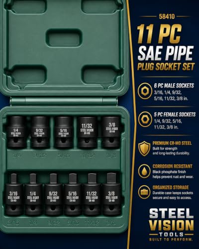 Steel Vision Tools 11-Piece 3/8-inch Drive Pipe Plug Socket Set, SAE, Tapered Male Square Drive, Chamfered Female Square Drive, for Drain Fill Plugs, Transmissions, Oil Pans, Differentials, Cr-V Steel