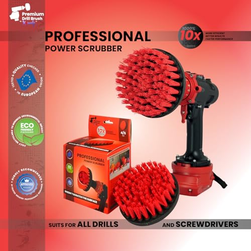 Premium Drill Brush Professional – Stiff 5 in Red | Scratch-Free Outdoor Cleaning Brush for Patio Bricks, Decking, Garden Tools, Lawn Mowers, Bicycles, Car Wheels, Pool Tiles and Boat Hulls - color: Red