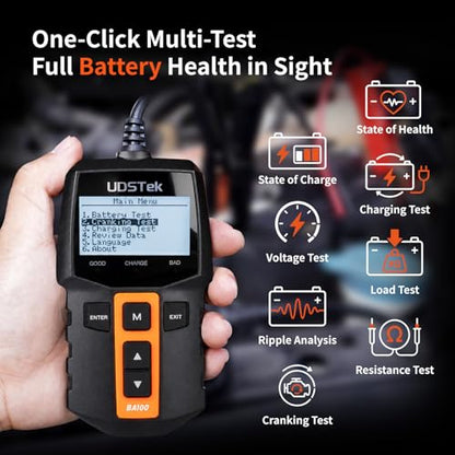 Car Battery Tester 12V BA100, 100-2000 CCA Automotive Battery Load Tester | Digital Alternator & Charging System Diagnostic Tool, Cranking Tester for Cars, Motorcycles, ATV, SUV, Boats, Marine & RV