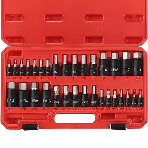 Hex Impact Bit Socket Set, 32-Piece Allen Socket Set SAE and Metric 1/4" 3/8" 1/2" Drives, S2 Alloy Steel and CR-V Bit Sockets