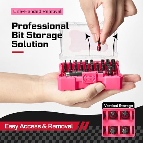 Geinxurn 32Pieces Impact Screwdriver Bits Set, S2 Steel Torx Muliti Insert Bits Tips Set with Impact Bit Holder and 1/4”Socket Adapter(Pink Storage Box Case) - style: FQ032025-BPK