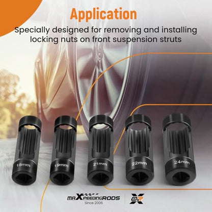 maXpeedingrods 5 PCS Strut Nut Socket Set 18mm 19mm 21mm 22mm 24mm | 12 Point 1/2" Drive Suspension Strut Nut Socket Tool for Hex Wrench - style: 5 Pcs