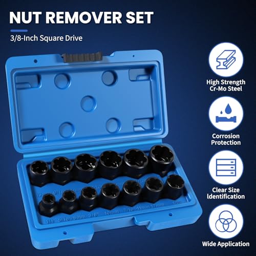 13-Piece Bolt Extractor Kit, Stripped/Lug Nut Removal, 3/8" Drive Screw Extractor Socket Set, SAE & Metric for Damaged, Rusted, Frozen Nuts and Bolts - color: 13pcs