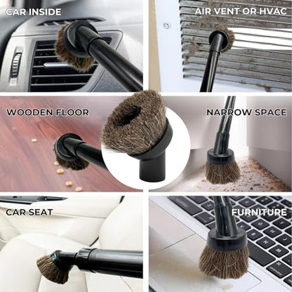 Universal Shop Vac Brush Attachment Kit – 2-1/2'' Round Dust Brush & 1-1/4'' Horse Hair Vacuum Brush with 2-1/2'' & 1-7/8'' to 1-1/4'' Vacuum Hose Adapters for Wet/Dry Vacuums