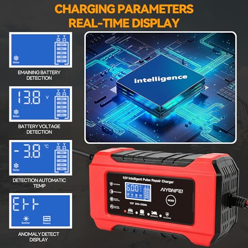 6A 12V Car Battery Charger Smart Maintainer Trickle Charger, Red | Smart Battery Desulfator, Temperature Compensation, for Car Truck Motorcycle, Lawn Mower Marine - color: Red