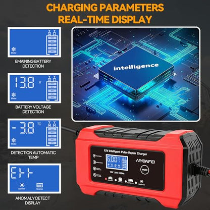 6A 12V Car Battery Charger Smart Maintainer Trickle Charger, Red | Smart Battery Desulfator, Temperature Compensation, for Car Truck Motorcycle, Lawn Mower Marine - color: Red