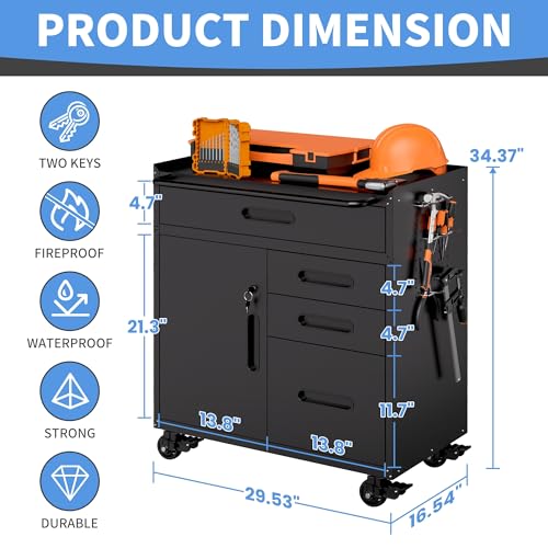 Metal Storage Cabinet for Garage, Tool Cabinet, Utility Cabinet | Wheeled, Rolling Tool Cabinet, 4 Drawers, 1 Doors Lockable, Top Countertop, Pegboard, Assembly Required, Black - color: Black