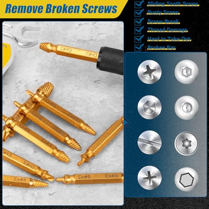 Damaged Screw Extractor Set, Gifts for Men, CLEVEROOL 10 PCS HSS 6542 Screw Extractor Remover Kit for Easy Removal of Stripped, Rusty, Broken Hardware (Gold) - size: 10 Pieces