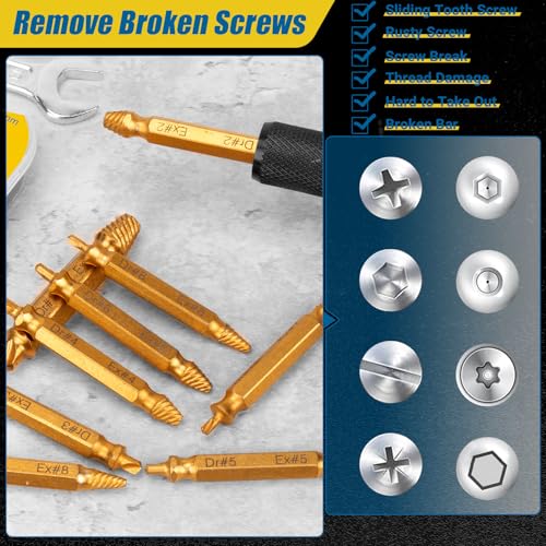 Damaged Screw Extractor Set, Gifts for Men, CLEVEROOL 10 PCS HSS 6542 Screw Extractor Remover Kit for Easy Removal of Stripped, Rusty, Broken Hardware (Gold) - size: 10 Pieces