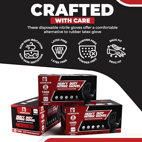 Industrial Nitrile Gloves – Heavy Duty Latex & Powder Free Disposable Gloves with Diamond Texture - color: Black, size: Large (Pack of 1000)