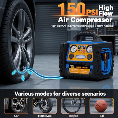 Car Jump Starter with Air Compressor, 2200A Battery Booster Pack for Up to 8.0L Gas & 6.0L Diesel, 150PSI Tire Inflator, 400W Portable Power Station with AC Outlet, 6-in-1 Jump Box for Cars, Trucks - style: 2200AMP