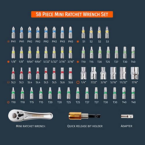 58 Piece 1/4 Inch Drive Mini Ratchet Wrench Set,Mini Socket Set,Screwdriver Bit Set with Phillips,Slotted,Hex,Trox,Tamper Proof Torx,Quick Release Bit Holder - color: 58pc Ratchet & Bit Set