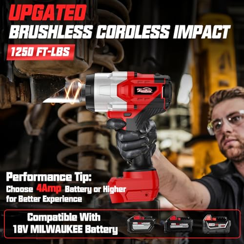 Cordless 1/2" Impact Wrench Compatibe with Milwaukee 18V Battery, 1250Ft-lbs(1700N.M) High Torque Impact Gun Heavy Duty, Brushless Electric Power Impact Driver with 4 Sockets&4 Speed Modes&LED Light - size: 1/2" 1700NM Compatibe with Milwaukee