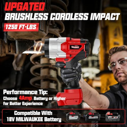 Cordless 1/2" Impact Wrench Compatibe with Milwaukee 18V Battery, 1250Ft-lbs(1700N.M) High Torque Impact Gun Heavy Duty, Brushless Electric Power Impact Driver with 4 Sockets&4 Speed Modes&LED Light - size: 1/2" 1700NM Compatibe with Milwaukee
