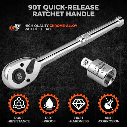 HORUSDY 1/2" Drive 90T Quick-Release Ratchet Handle, Reversible Chrome Alloy Socket Wrench with 1/2" to 3/8" Adapter, Durable and Comfortable for Automotive, DIY, Industrial and Bicycle Repairs - style: 1/2" Drive 90T