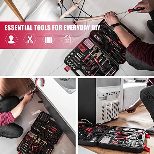 Eastvolt 218-Piece Household Tool Kit, Auto Repair Tool Set, Tool Kits for Homeowner, Plier, Screwdriver Set, Socket Kit and Toolbox Storage Case,Black + Red - size: Pack of 9, style: Tool Kit
