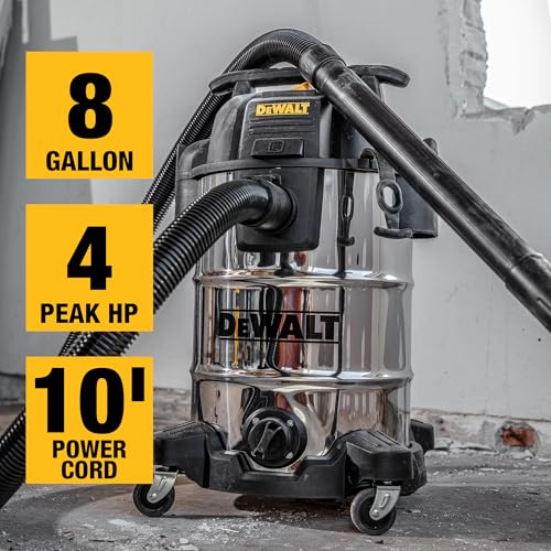 DEWALT DXV08S 8 Gallon 4 Peak HP Shop Vacuum Wet and Dry with Blower | Heavy Duty Shop Vac, 10ft Cord, 7ft x 1-7/8" Hose, 9 Accessories, Stainless Steel Tank, for Jobsite, Workbench and Garage