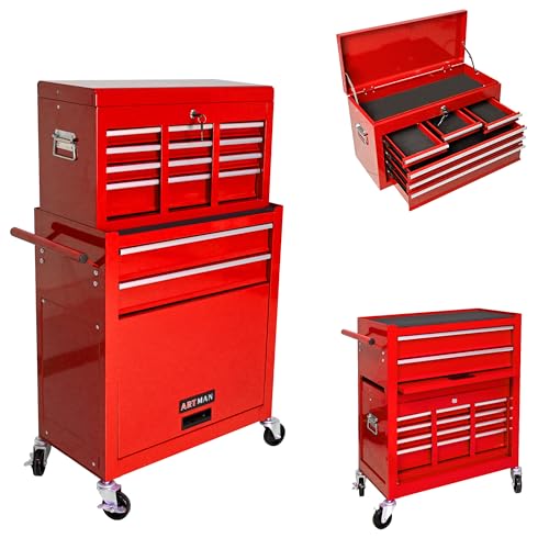8-Drawer Tool Chest,Rolling Tool Box with Detachable Top Toolbox & Key Lock,Tool Cabinet with Universal Lockable Wheels,Lock Bar,Protective Liner,Metal Storage Cart for Garage,Workshop (Red) - color: Red, size: 8 Drawers