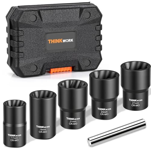 6-Piece Lug Nut Removal Tool, 1/2" Drive Wheel Lock Removal Kit | for Damaged, Rusted, Rounded-Off, Stripped Fasteners, 17-27mm, Cr-Mo, Reverse Spiral Flute, Black Oxide Coating, Storage Case - size: 6-piece