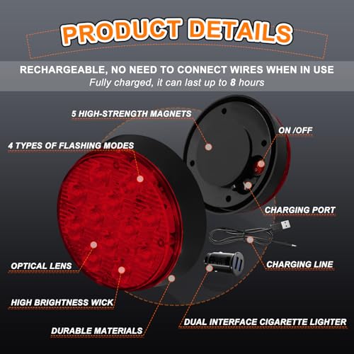 2PCS Magnetic Red Lights, Rechargeable Flashing Strobe Lights | Portable Battery Powered 12-LED Red Road Flares Emergency Warning Beacon Light for Trucks Vehicle, Wireless Strobe Light - color: Red-Round Shape