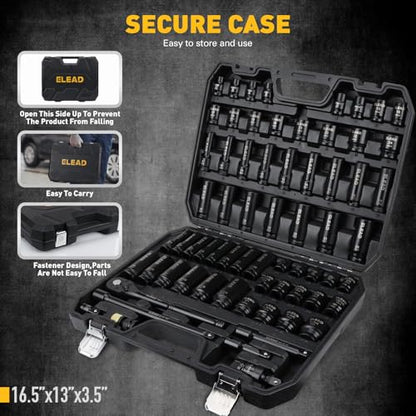 ELEAD 67 Piece 1/2" Drive Deep Impact Socket Set: Standard SAE (3/8"-1-1/4") & Metric (8-24 mm), Including 3 ", 5", 10" Extension Bar, Universal Joint, Ratchet Handle and Adapter - style: 67pcs 1/2'' Drive Impact Socket Set