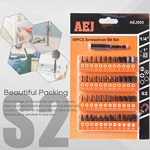 49-Pack Screwdriver Bit Set, Hex Head Drill Bit Set, Torx Square Slotted Phillips Bit Set with 1/4" Bit Holder, 1/4 Hex Shank, S2 Steel, 1"Long