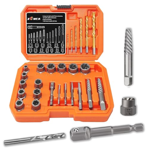 XEWEA 26PCS Screw & Bolt Socket Extractor with Left Drill Bit Set【with Hex Adapter】, Impact Easy Out Tools Stripped Screw Remover EZ Out Set for Damaged, Frozen, Rusted, Bolts, Nuts, Screws, Studs - size: 26PCS