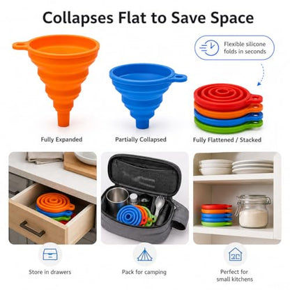 Collapsible Silicone Kitchen Funnels, 4 Pack Food Grade Foldable Funnel Set, 2 Small & 2 Large Funnels for Bottles, Oil, Spice Jars, Liquid Transfer, Dishwasher Safe