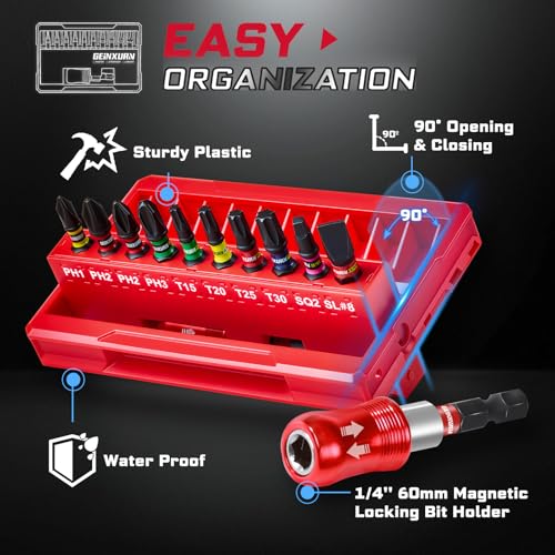 Geinxurn 22Pieces Impact Screwdriver Bits Set, Magnetic S2 Steel 1” Phillips/Square/Torx/Slotted Insert Bits Tips,Impact Bit Holder with Rotating Storage Box Case - style: 22pcs-A