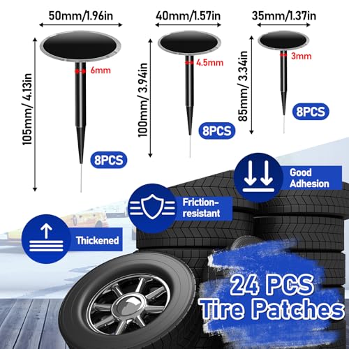 26Pcs Tire Repair Patch Tool Kit,Including 24pcs Tire Patch Plugs(35/40/50 mm), Tungsten Buffing Wheel, Tire Patch Roller with 4mm Twist Drill Bits,Tire Patch Kit for Vehicles